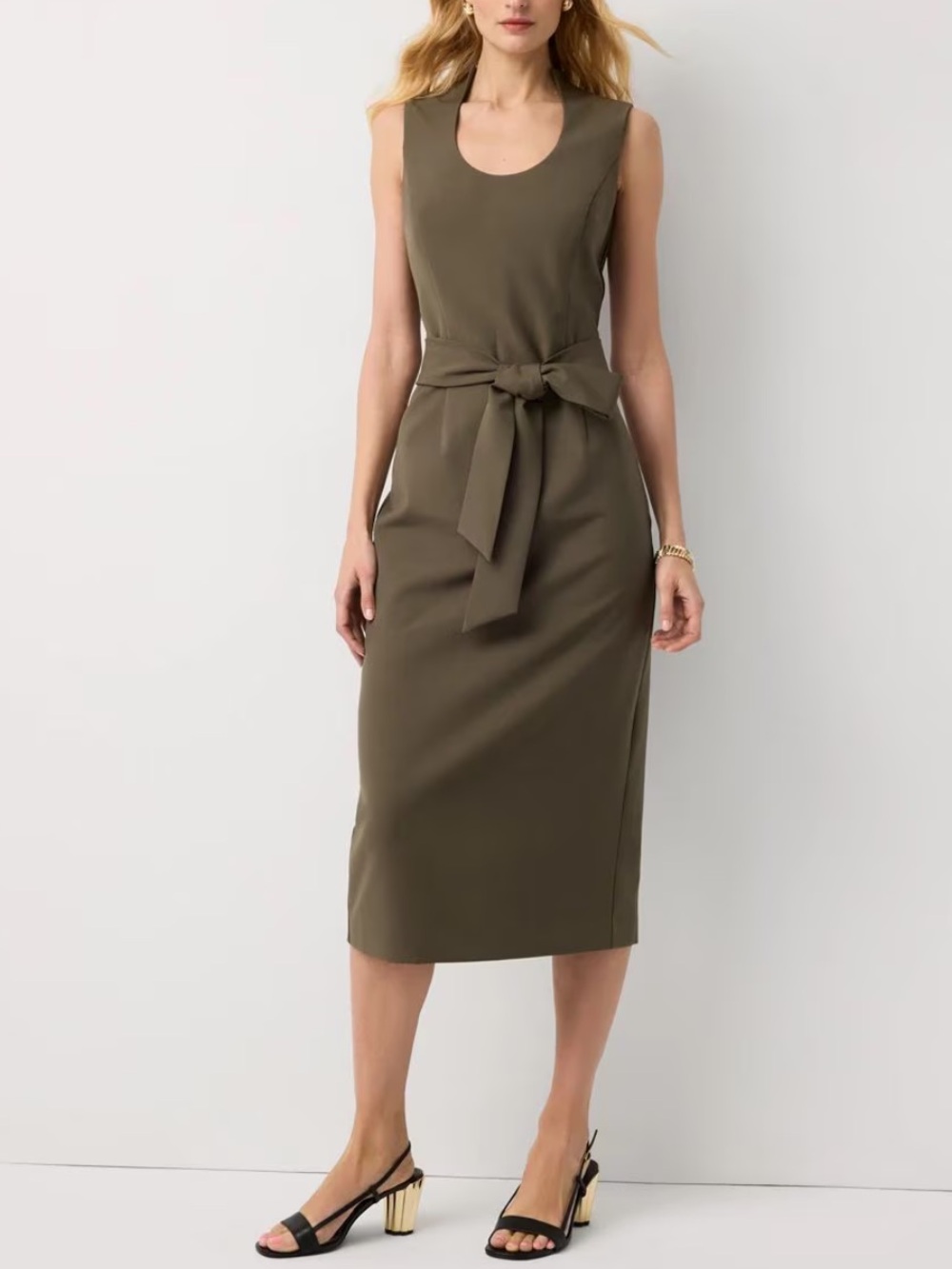 WHBM U-Neck Sheath Sleeveless Olive Tie-Waist Midi Dress - Women
